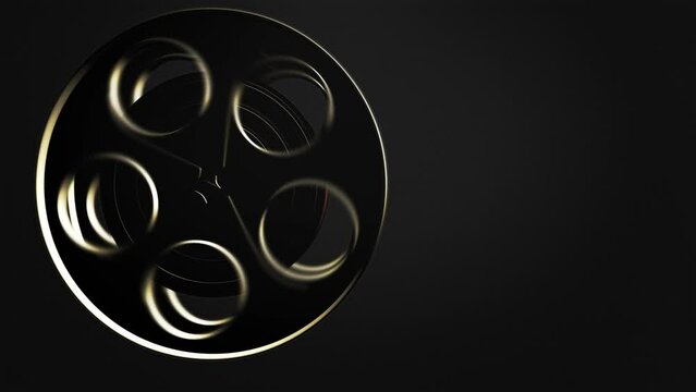 Movie tape, graphics composition element. Reel tape spool rolling in a dark classic cinema concept. CG close up shot, ideal for movie show intros or logos