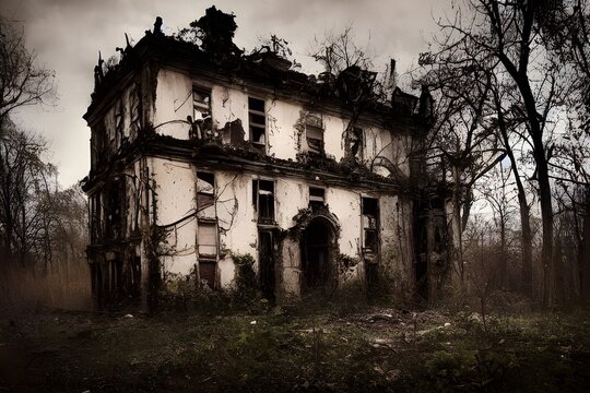 A creepy, crumbling haunted house. 