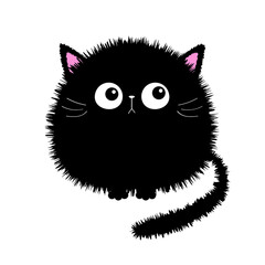 Black round fluffy cat icon. Face head body, tail. Kitten fat. Cute cartoon character. Kawaii baby pet animal. Notebook cover, tshirt, greeting card print. Flat design. White background.