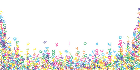 Falling letters of English language. Colorful sketch flying words of Latin alphabet. Foreign languages study concept. Favorable back to school banner on white background.