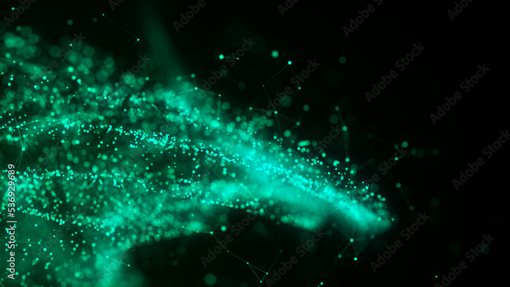 Poster Futuristic particle swirl. Dynamic flow of abstract dust in cyberspace. Explosion of scientific data. 3D rendering.