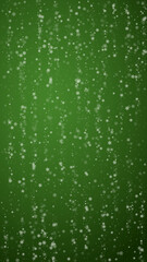 Snowfall overlay christmas background. Subtle flying snow flakes and stars on christmas green background. Festive snowfall overlay. Vertical vector illustration.
