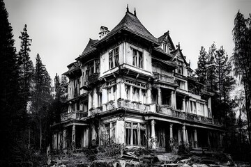 A creepy, crumbling haunted house.