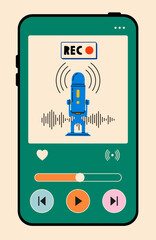 Microphone and rec title on phone screen. Podcast recording and listening, broadcasting, online radio, audio streaming service concept. Hand drawn vector isolated illustrations