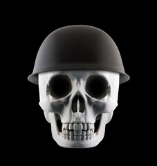 Human skull with military helmet isolated on black background