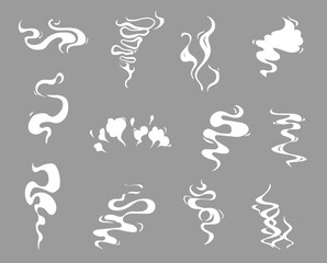 Cartoon smoke effects, food flavor, coffee and tea steam. White vector aroma or toxic clouds, vapour or dust trails. Flow mist or smoky chemical steam, isolated comic boom steaming