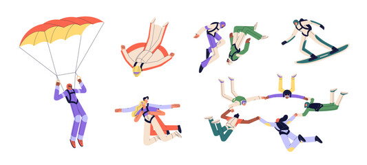 Parachuting, skydiving set. Parachutist, skydivers jumping, flying, landing, floating at height. Sky jumpers in action. Extreme sport activity. Flat vector illustrations isolated on white background