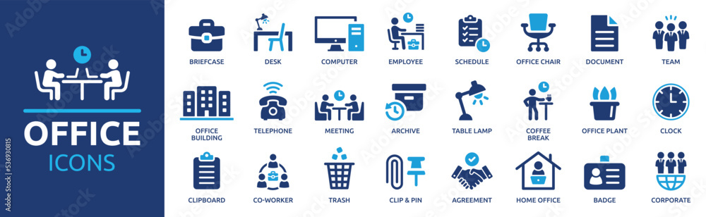 Wall mural office icon set. containing briefcase, desk, computer, meeting, employee, schedule and co-worker sym