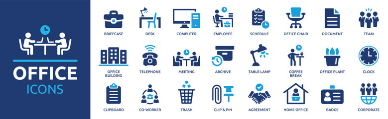 Office icon set. Containing briefcase, desk, computer, meeting, employee, schedule and co-worker symbol. Solid workspace icons vector collection.