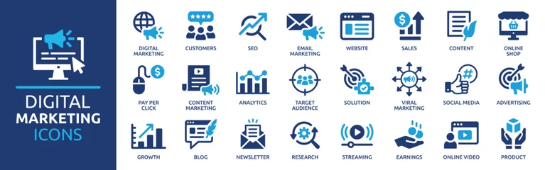 Foto op Plexiglas Digital marketing icon set. Containing seo, content, website, social media, sales and online advertising. Solid vector symbol collection. © Icons-Studio