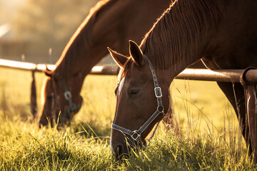 Thoroughbred horses grazing grass on pasture - obrazy, fototapety, plakaty