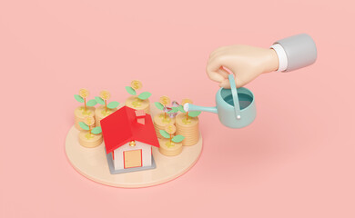 3d stage podium with businessman hands hold watering can, house, dollar stacked coin, tree isolated on pink background. business growth, fund, interest concept, 3d render illustration, clipping path