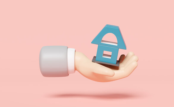 3d Cartoon Businessman Hands Holding  Blue House Isolated On Pink Background. 3d Render Illustration, Clipping Path