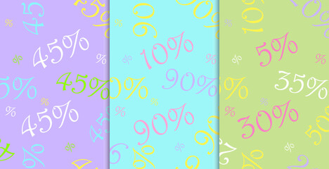 Fototapeta na wymiar Set of sale colorful Seamless pattern made of discount signs on pastel colors background