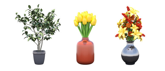 decorative flower in a pot isolated on white background, 3D illustration, cg render