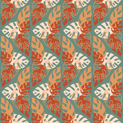 Tropical seamless pattern with monstera palm leaves, vector illustration