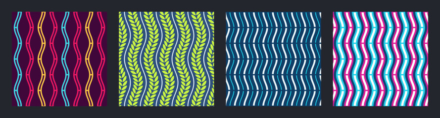 Set of four seamless african fashion vector patterns with regularly repeating wavy lines, stripes, leaves. Color illustrations.