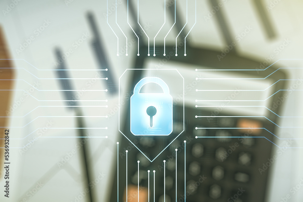 Poster virtual creative lock sketch with chip hologram on calculator and papers background, protection of p