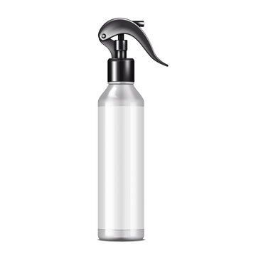 Silver gray spray bottle with white blank label realistic mock-up. Cosmetic product white spraying container vector mockup. Trigger pump sprayer with black cap template