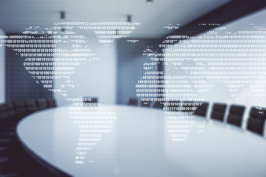 Abstract creative world map interface on a modern conference room background, international trading concept. Multiexposure