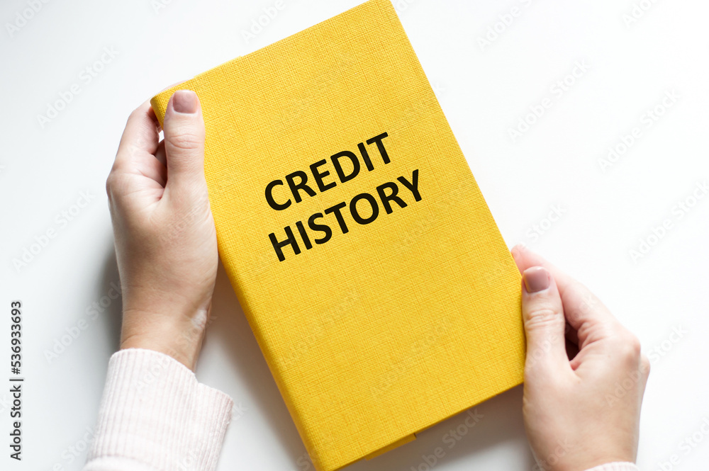Poster man's hand holding a business notebook with text credit history. notepad with eyeglasses and text do