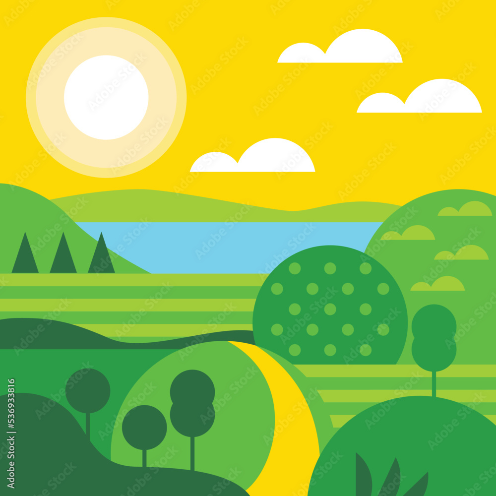 Wall mural Landscape vector illustration. Hilly country. Sun. Nature green field background