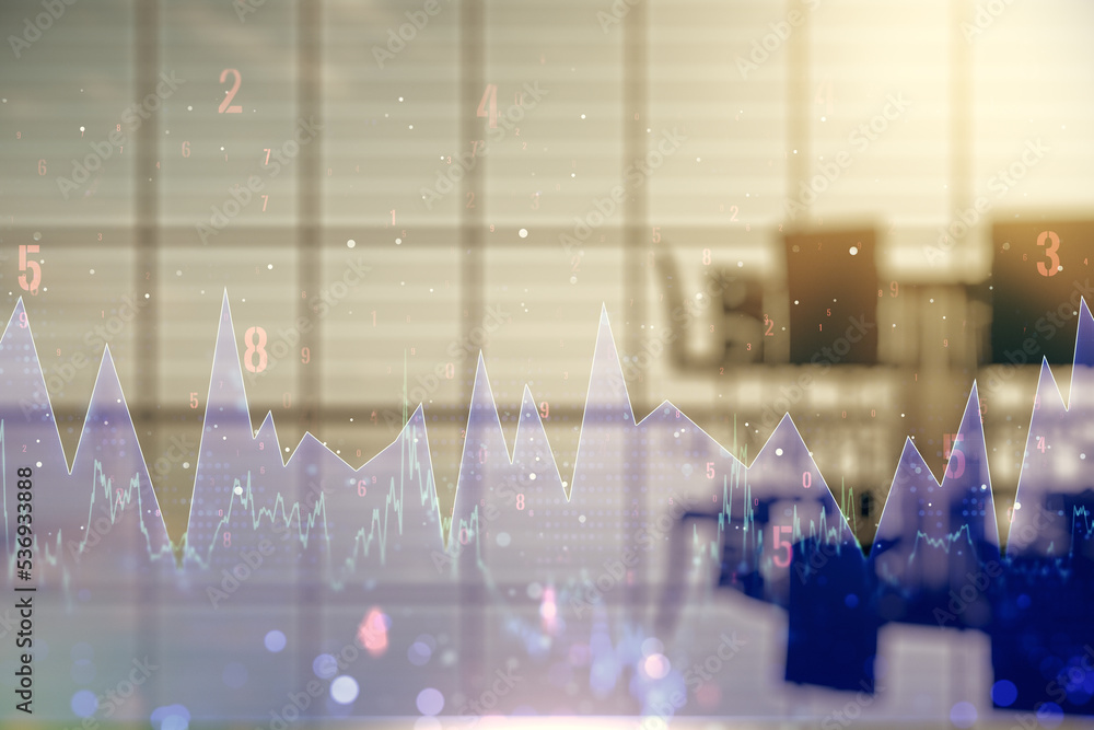 Poster multi exposure of abstract statistics data hologram interface on a modern furnished office interior 