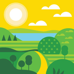 Fototapeta na wymiar Landscape vector illustration. Hilly country. Sun. Nature green field background