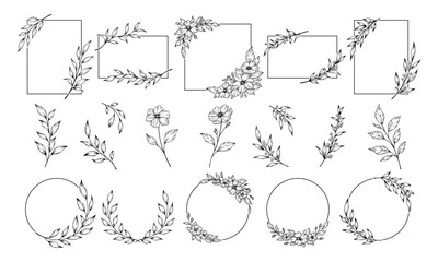 植物のイラスト素材, 装飾フレームのセット, 黒色の線画. 花と葉のラインアート.