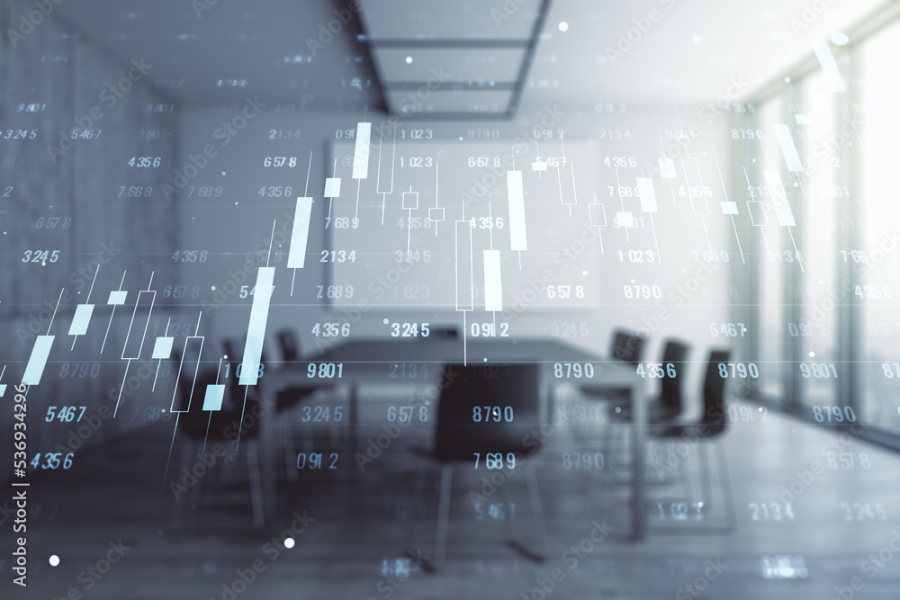 Poster double exposure of abstract creative statistics data hologram on a modern boardroom background, anal