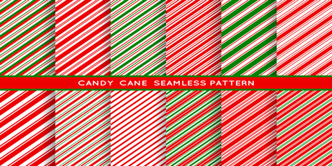 Candy cane seamless pattern. Christmas celebration background, winter holidays fabric print. Xmas gift wrapping paper seamless patterns, pepermint cane candies striped red and green backdrops set