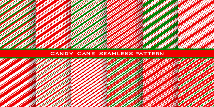 Candy cane seamless pattern. Christmas celebration background, winter holidays fabric print. Xmas gift wrapping paper seamless patterns, pepermint cane candies striped red and green backdrops set