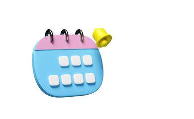 3d calendar for marked date with notification bell  isolated. schedule appointment concept, 3d render illustration