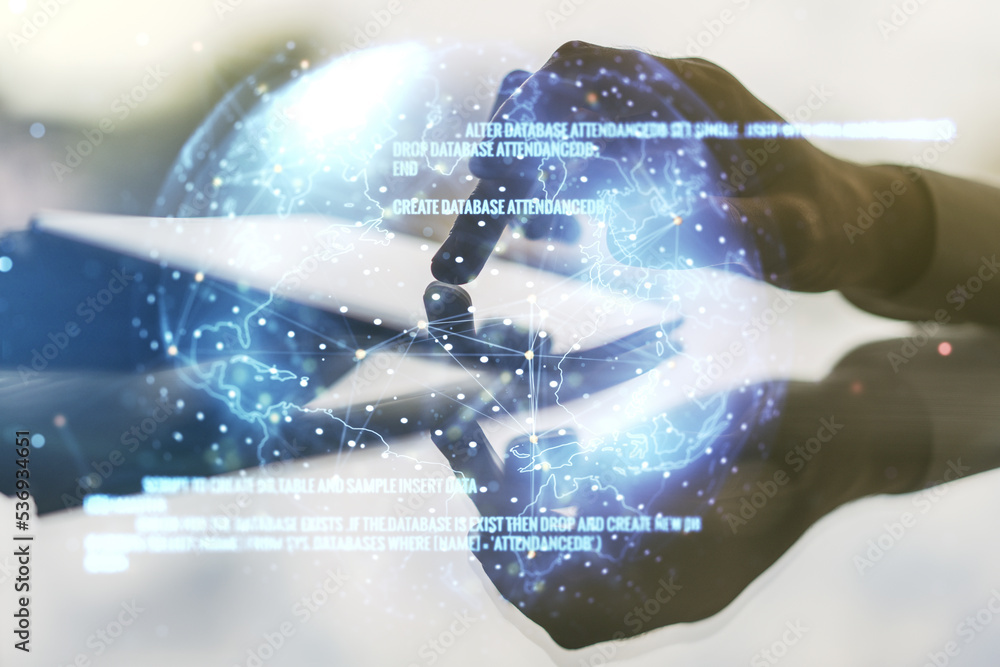 Poster abstract creative coding concept with world map and finger clicks on a digital tablet on background.