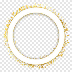 Golden Tiny Confetti And Ribbon Falling On Transparent Background. Circle Frame. Celebration Decoration. Vector