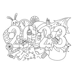 Fototapeta na wymiar 2023 New Year hand drawn doodles as Christmas tree, gift, wreath, rabbit, garland, clock, firecracker, candles, mittens, bell, gingerbread man. Vector children coloring page