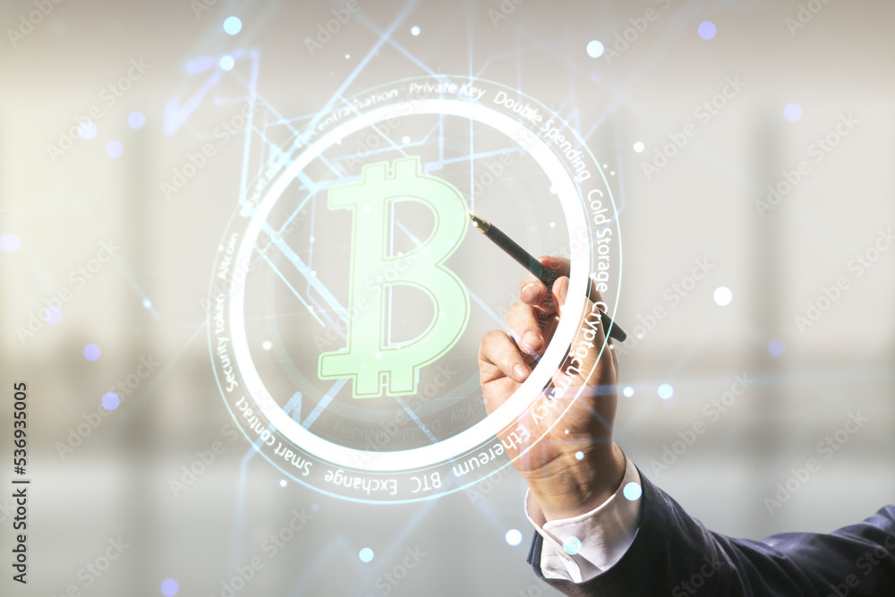 Poster man hand with pen working with virtual bitcoin sketch on blurred office background. double exposure