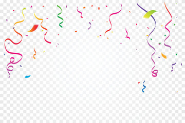 Many Falling Colorful Tiny Confetti And Ribbon On Transparent Background. Celebration Event and Party. Multicolored. Vector