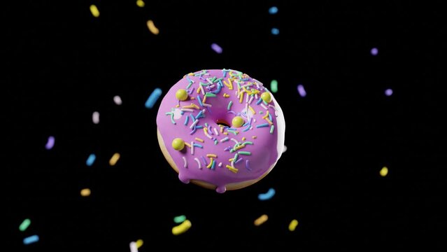 A donut in pink glaze is spinning in the air on a black background. 3d render.