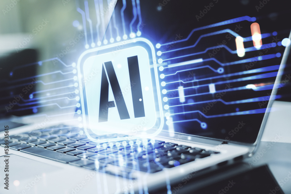 Poster double exposure of creative artificial intelligence icon with modern laptop on background. neural ne