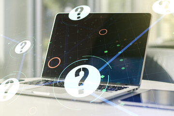 Creative abstract question mark sketch on modern laptop background, FAQ and research concept. Double exposure