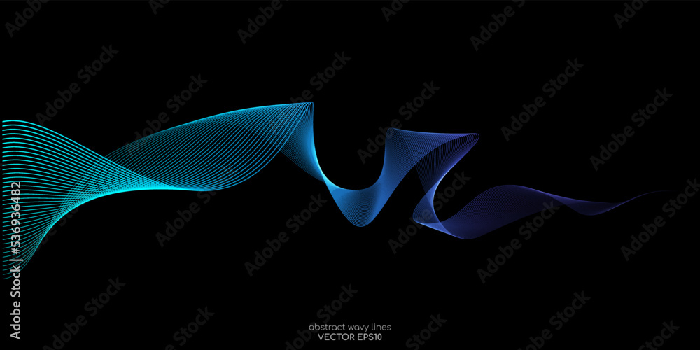 Aufkleber Vector wave lines smooth flowing dynamic blue green gradient light isolated on black background for concept of technology, digital, communication, science, music