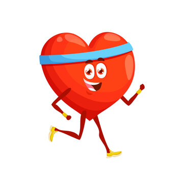 Cartoon heart runner character, isolated vector personage wear sweatband and sneakers exercising to be healthy and strong. Heart organ in running shoes jogging and smiling during marathon or sprint