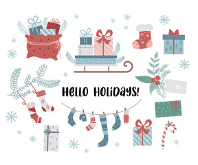 Fototapeta na wymiar hello holiday. Set new year gifts, Christmas sock and sleigh with boxes, Santas bag, gift tag with spruce branch, caramel and knitted stockings with gloves. Vector illustration. Isolated elements.
