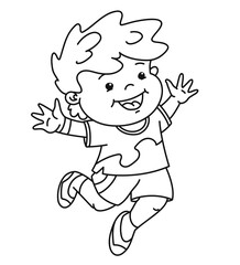 Cheerful jumping Boy. Hand drawn cartoon illustration, vector outline coloring page