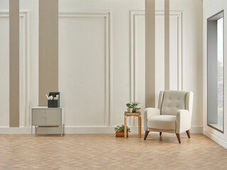 Decorative white and brown vertical wall background, home design, sofa working table, red chair, vase of plant, book accessory, lamp, middle table on the modern wood parquet.