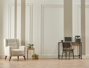 Decorative white and brown vertical wall background, home design, sofa working table, red chair, vase of plant, book accessory, lamp, middle table on the modern wood parquet.