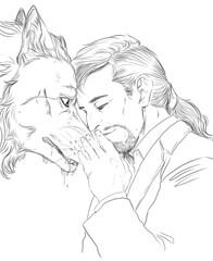 Black and white digital illustration of a man with long tied hair touching gently the muzzle of a werewolf