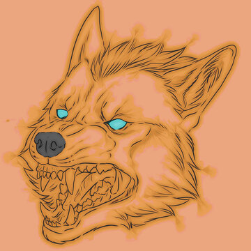Digital illustration of the head of an angry werewolf with open mouth, showing teeth