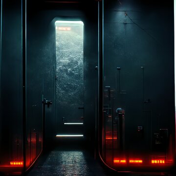 Metallic Sci-fi cryo chamber door interior design illustration
